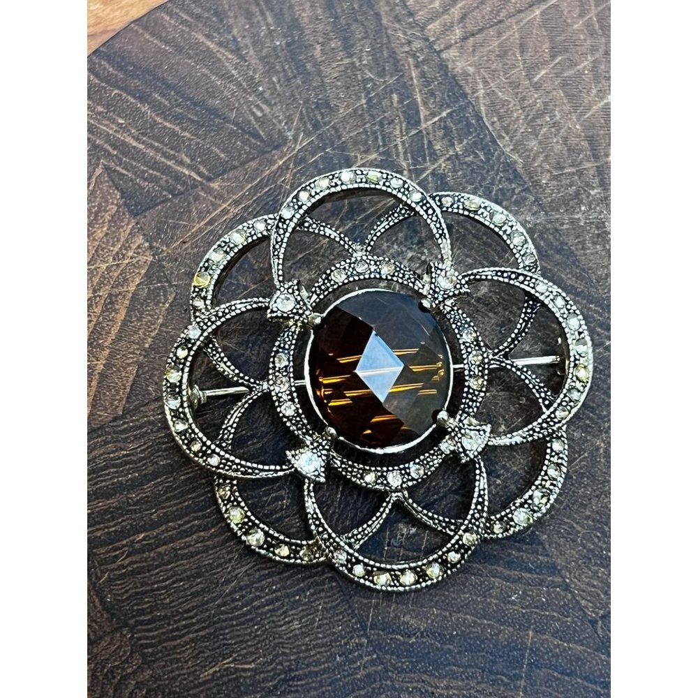 Vintage Monet Goldtone Filigree Brooch Pin Smoked Topaz Brown